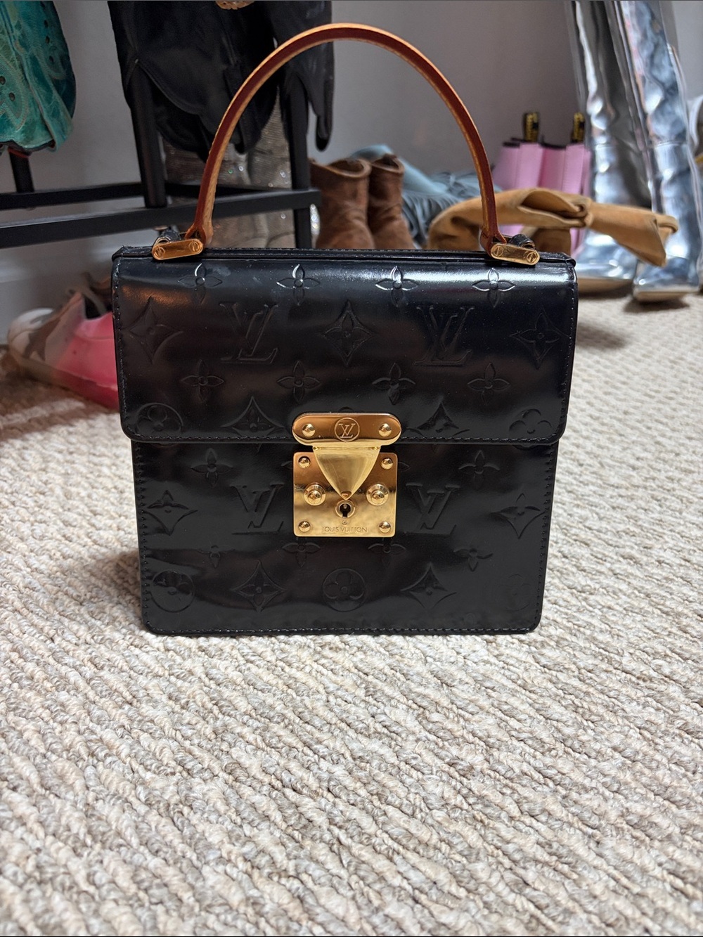Louis Vuitton Black Vernis Monogram Top-Handle Satchel with Gold Hardware